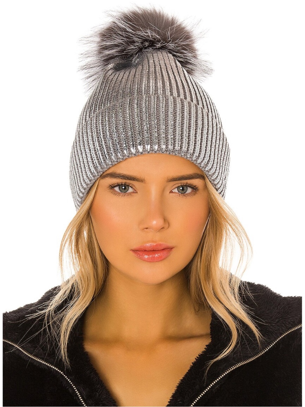 Adrienne Landau metallic silver with Faux fur pom beanie hat.